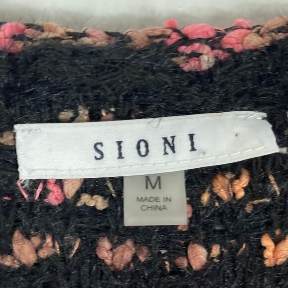 SIONI Cardigan M Wool-Blend Tweed Boucle Knit Gold Button Flap Pockets Long-Slv - Picture 3 of 11